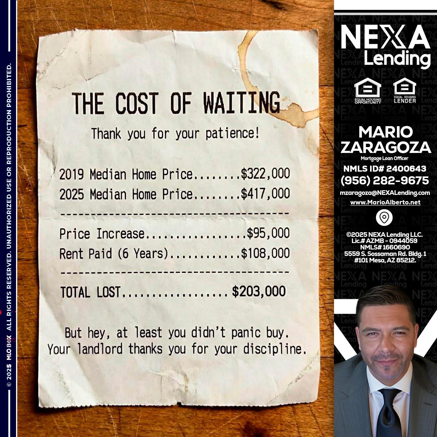 THE COST OF WAITING - Mario Zaragoza -Mortgage Loan Officer